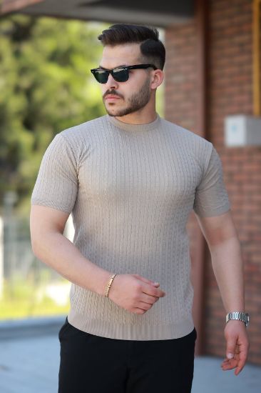 Erkek Bisiklet Yaka örgü Desenli Kısa örme Triko Kısa Kollu T-shirt resmi